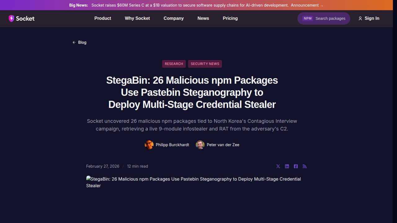 Thumbnail for StegaBin: 26 Malicious npm Packages Use Pastebin Steganograp...