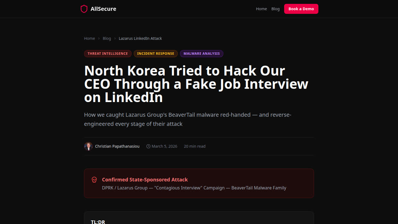 Thumbnail for North Korea Tried to Hack Our CEO Through a Fake Job Interview on LinkedIn