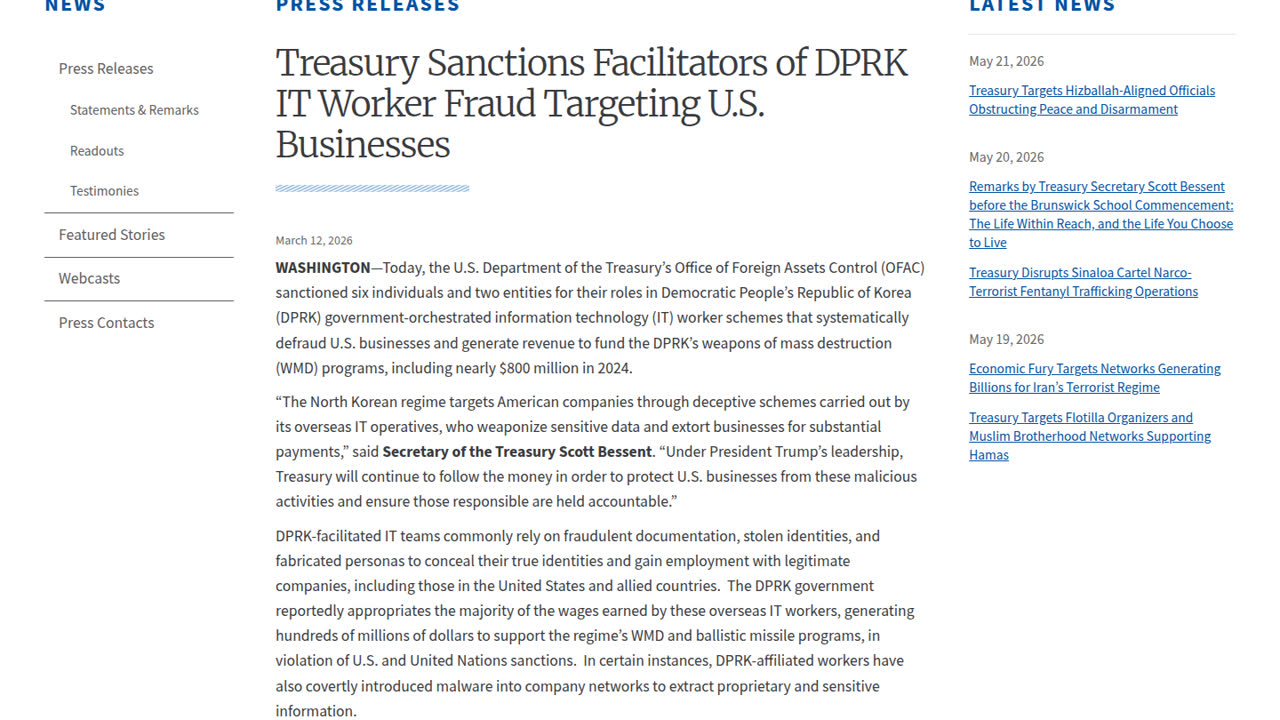 Thumbnail for Treasury Sanctions Facilitators of DPRK IT Worker Fraud Targeting U.S. Businesses