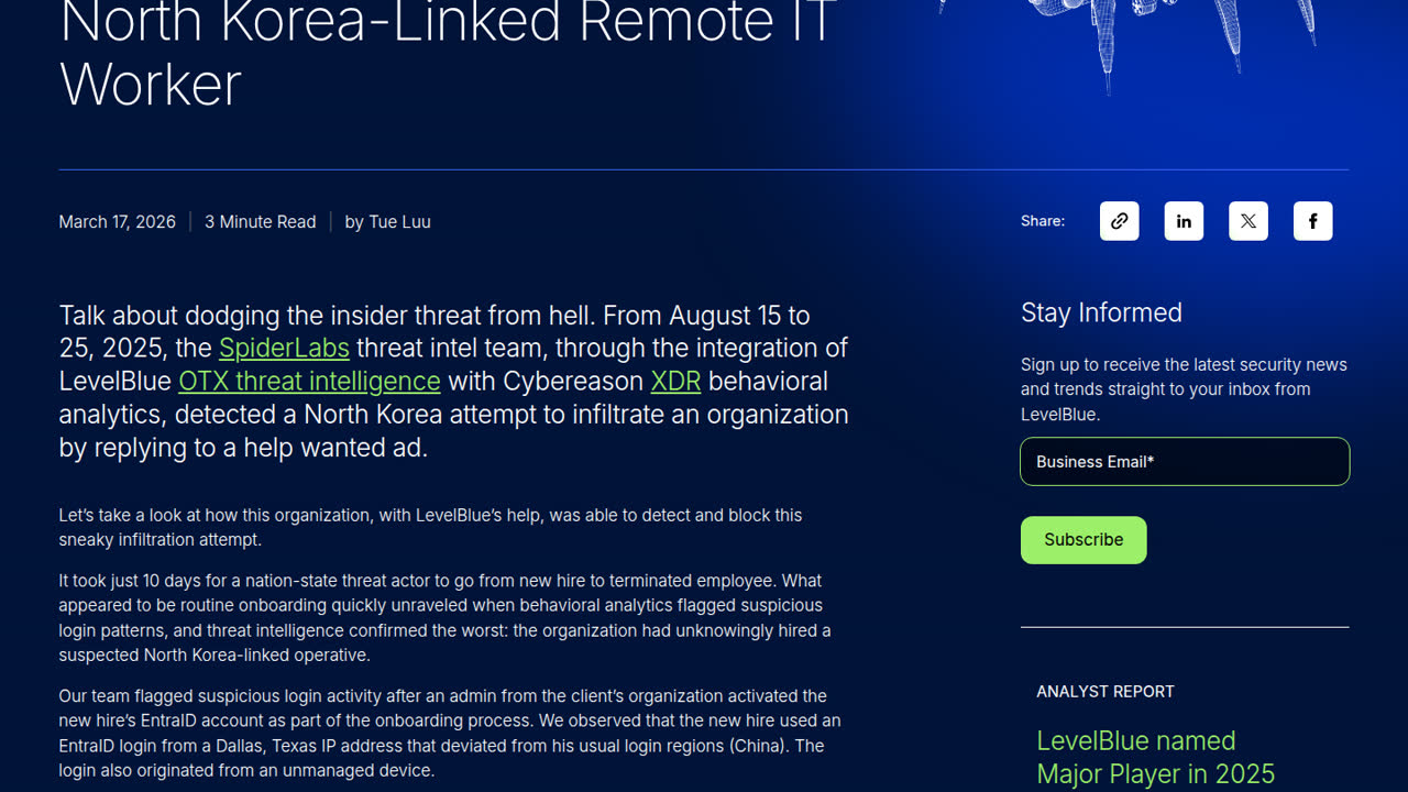 Thumbnail for How LevelBlue OTX and Cybereason XDR Detected a North Korea-Linked Remote IT Worker