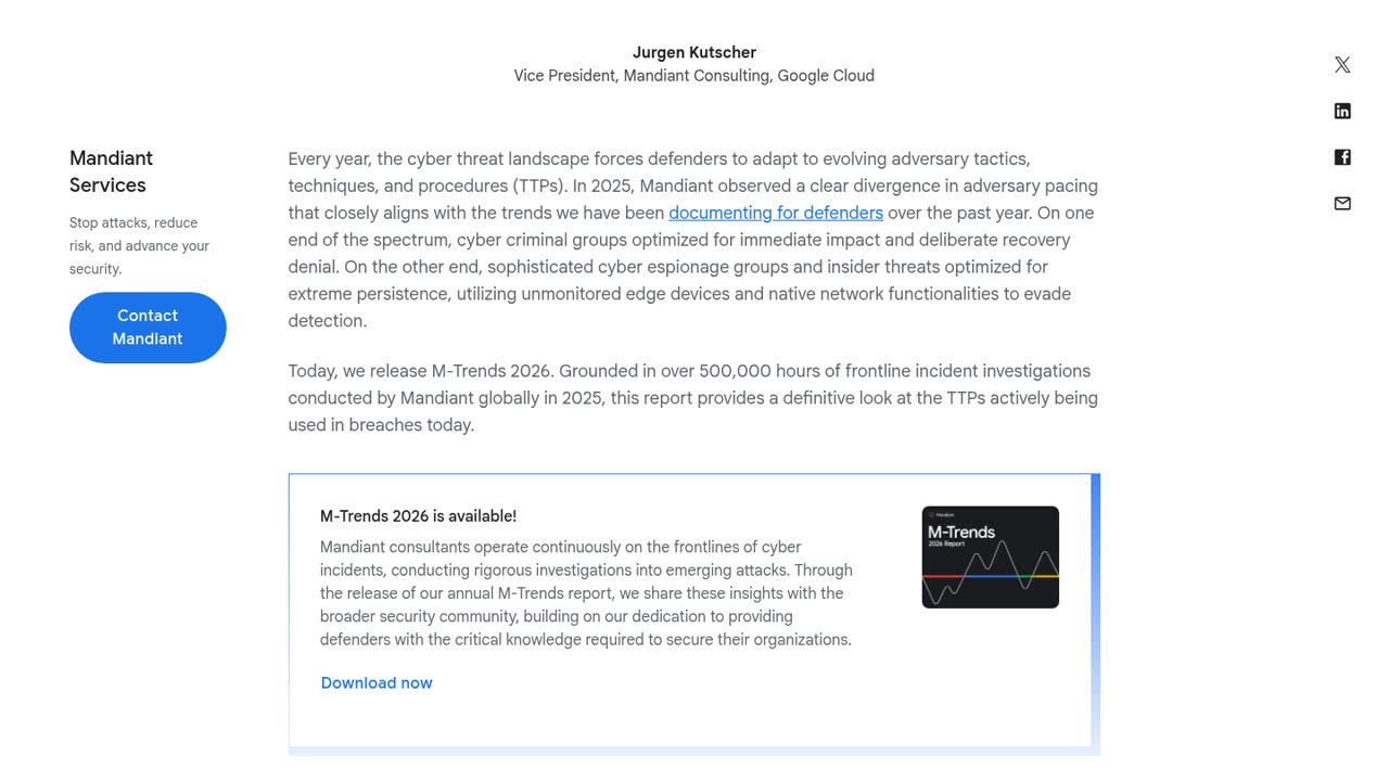 Thumbnail for M-Trends 2026: Data, Insights, and Strategies From the Frontlines