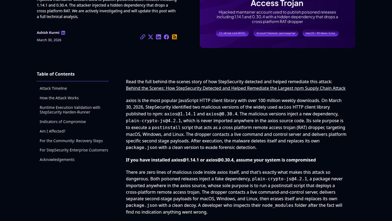 Thumbnail for axios Compromised on npm - Malicious Versions Drop Remote Access Trojan