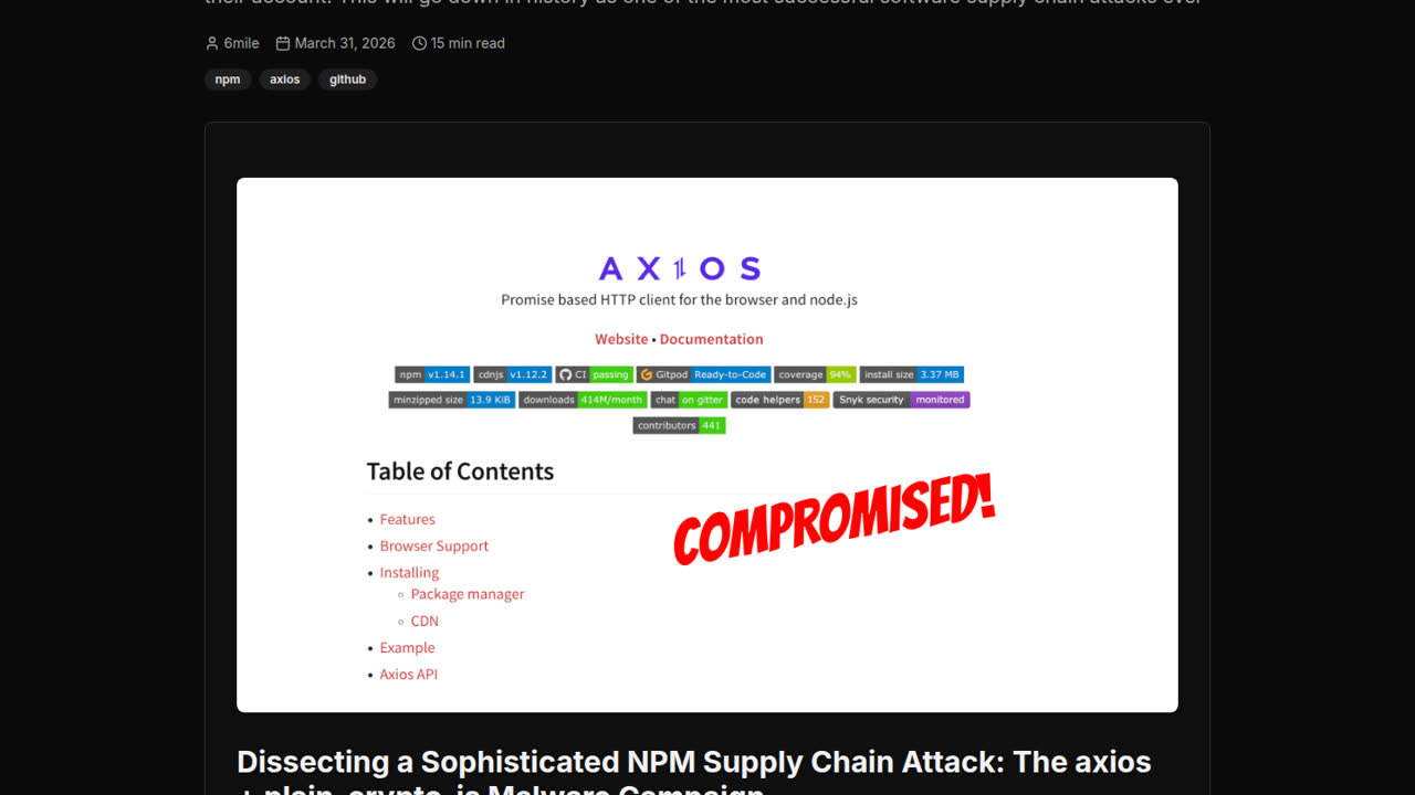 Thumbnail for One of the most popular JavaScript packages on earth Axios has been compromised