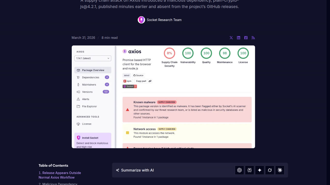 Thumbnail for Supply Chain Attack on Axios Pulls Malicious Dependency from npm