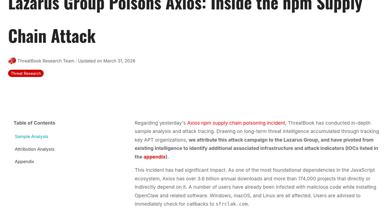 Thumbnail for Lazarus Group Poisons Axios: Inside the npm Supply Chain Attack