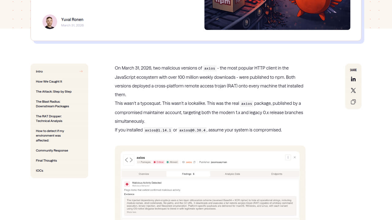 Thumbnail for axios Compromised: A Supply Chain Attack on npm's Most Popular HTTP Client