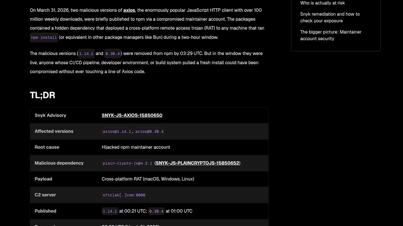 Thumbnail for Axios npm Package Compromised: Supply Chain Attack Delivers Cross-Platform RAT