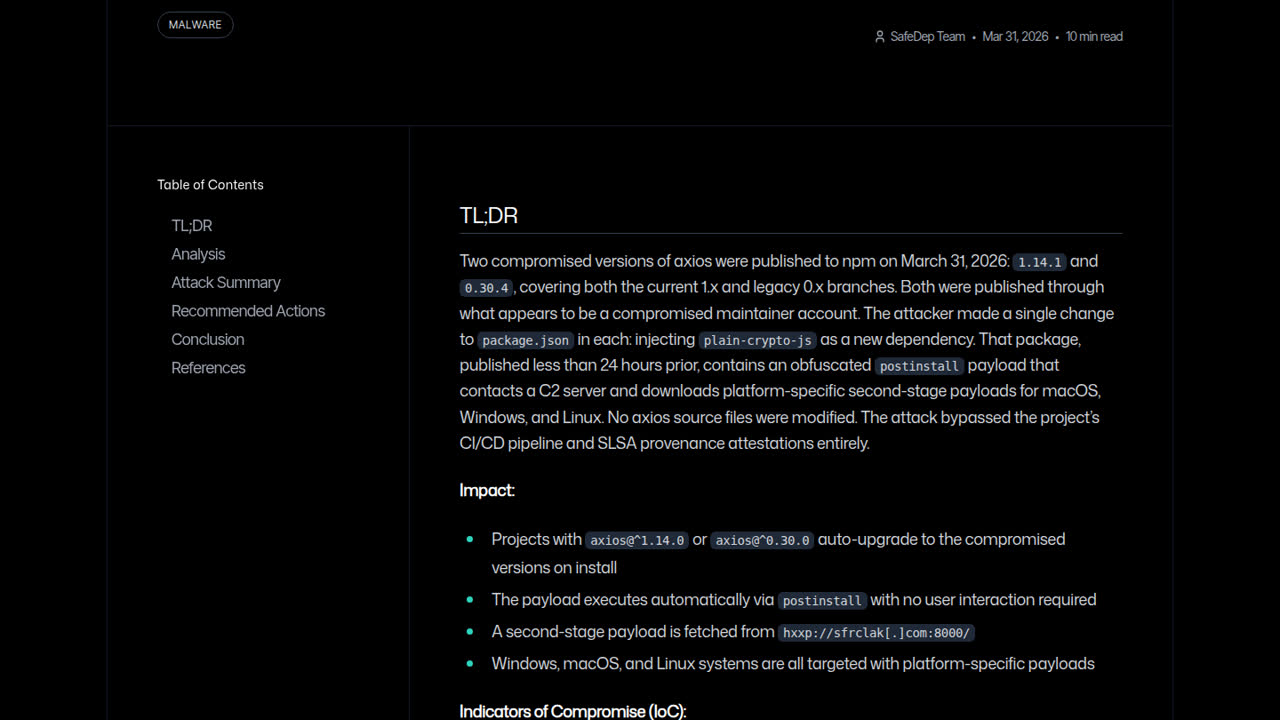 Thumbnail for axios Compromised: npm Supply Chain Attack via Dependency Injection