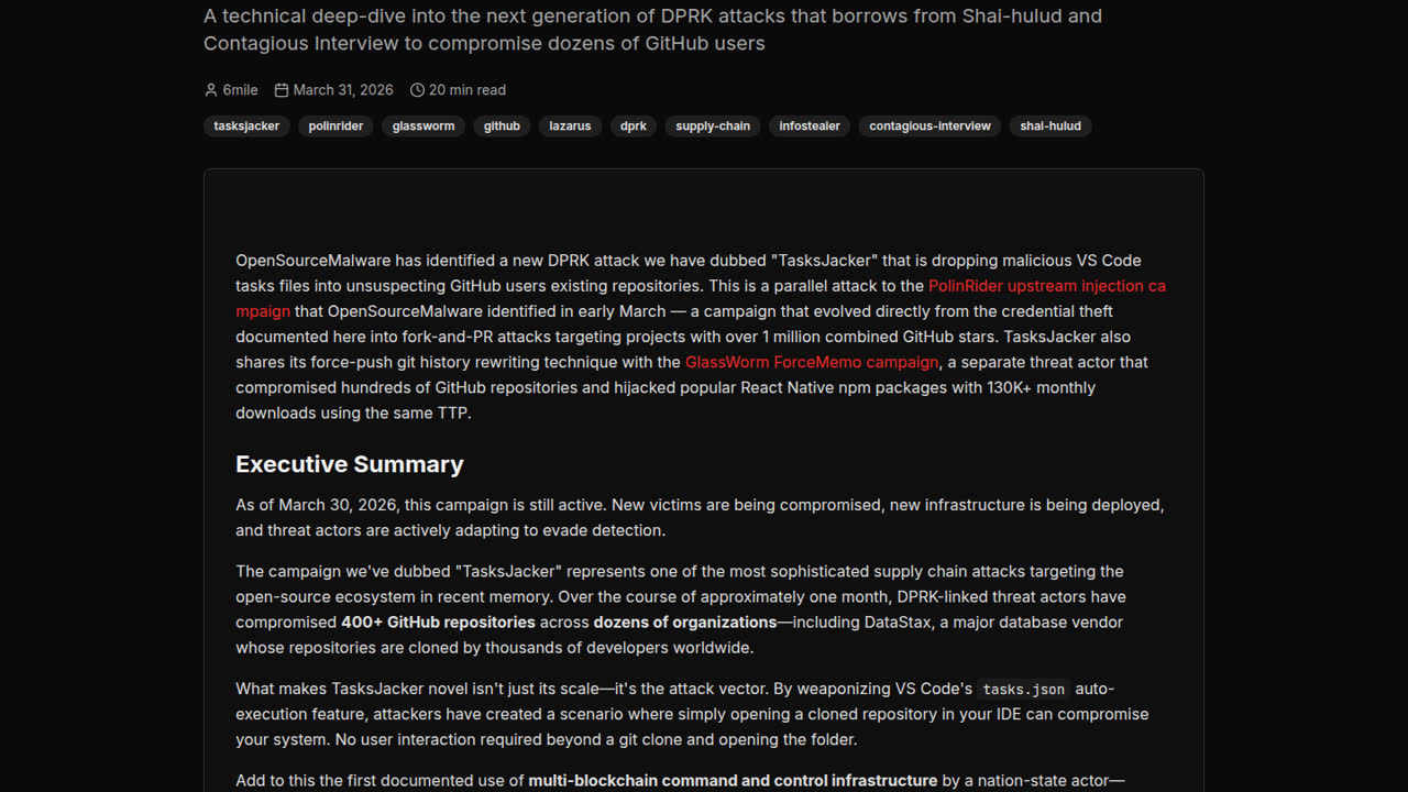 Thumbnail for TasksJacker: Latest DPRK Attack Skips the Fake Interview and Goes Straight to Compromising GitHub Users