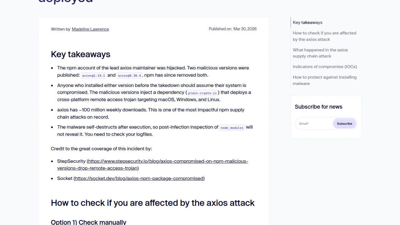 Thumbnail for axios compromised on npm: maintainer account hijacked, RAT deployed