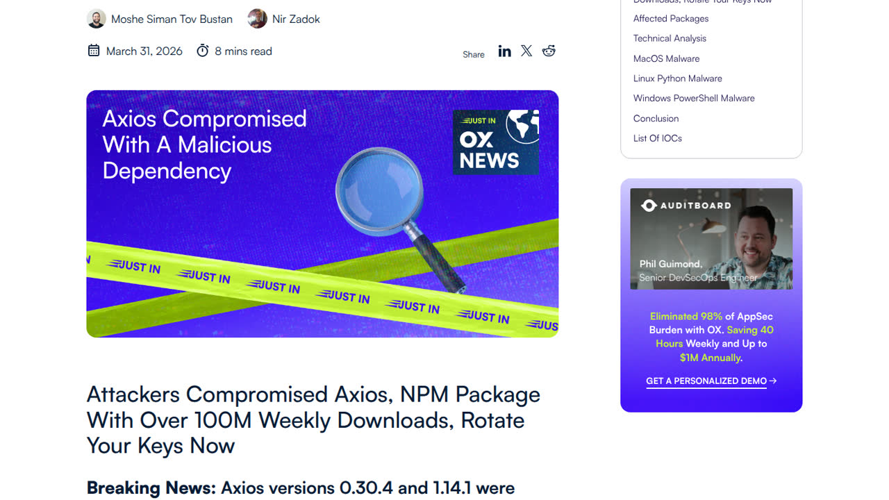 Thumbnail for Attackers Compromised Axios, NPM Package With Over 100M Weekly Downloads, Rotate Your Keys Now