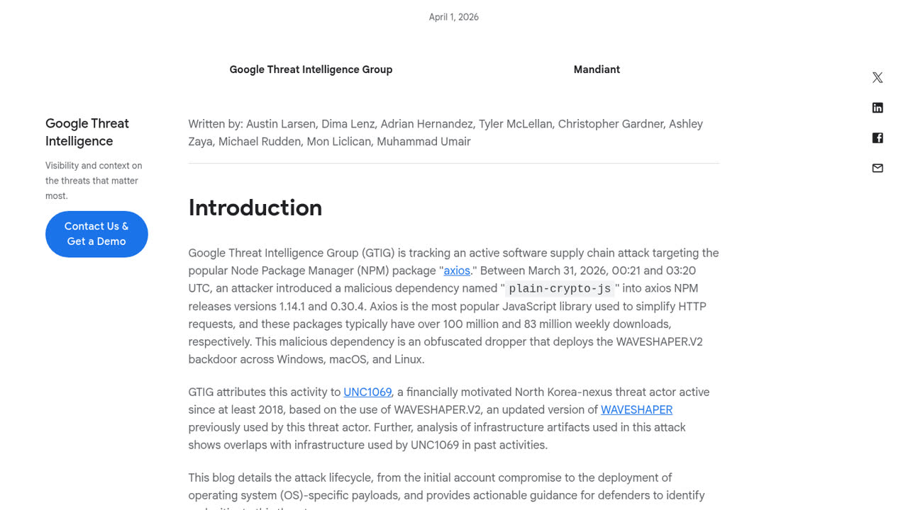 Thumbnail for North Korea-Nexus Threat Actor Compromises Widely Used Axios NPM Package in Supply Chain Attack