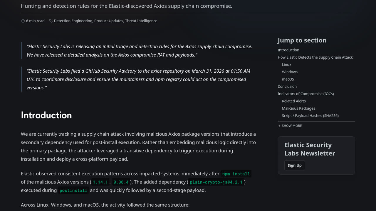 Thumbnail for Elastic releases detections for the Axios supply chain compromise