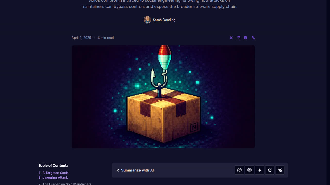 Thumbnail for Axios Maintainer Confirms Social Engineering Attack Behind npm Compromise