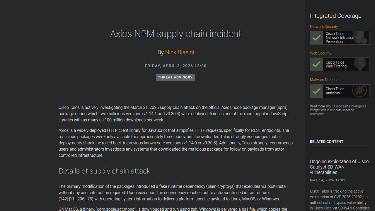 Thumbnail for Axios NPM supply chain incident
