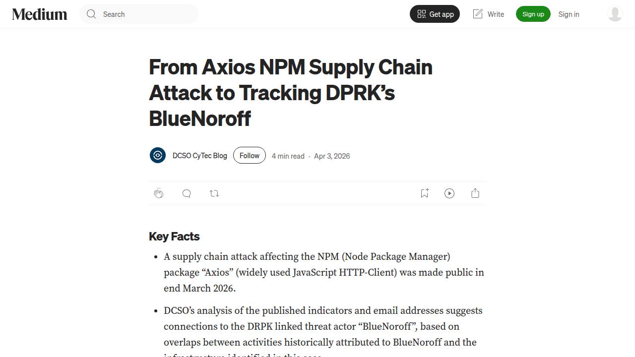 Thumbnail for From Axios NPM Supply Chain Attack to Tracking DPRK’s BlueNoroff
