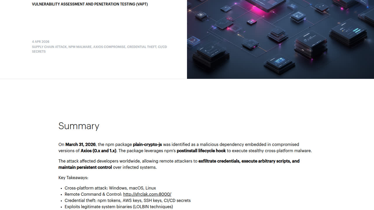 Thumbnail for Supply Chain Malware Alert: plain-crypto-js Compromises Axios Packages