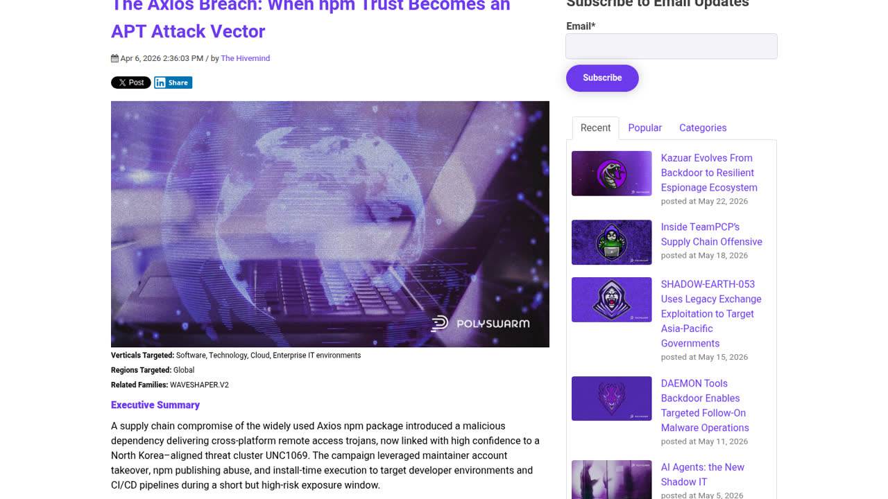 Thumbnail for The Axios Breach: When npm Trust Becomes an APT Attack Vector