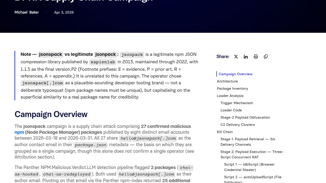 Thumbnail for jsonspack: Multi-Tenant Node.js RAT â DPRK Supply Chain Campaign