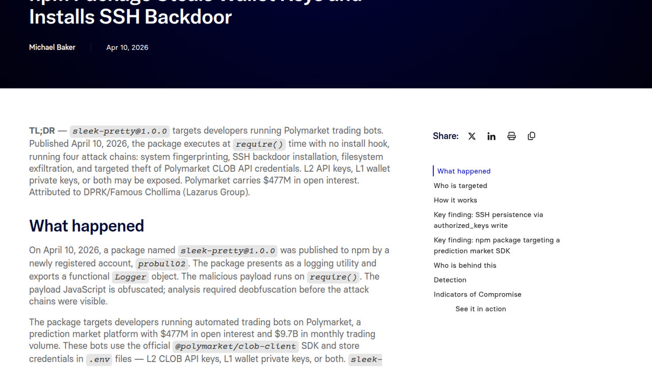 Thumbnail for Polymarket Trader Funds at Risk: DPRK npm Package Steals Wallet Keys and Installs SSH Backdoor