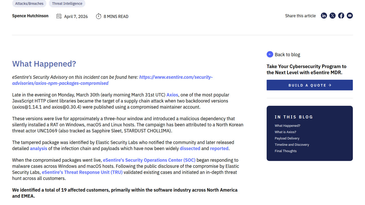Thumbnail for Examining the Blast Radius from the Axios npm Supply Chain Compromise