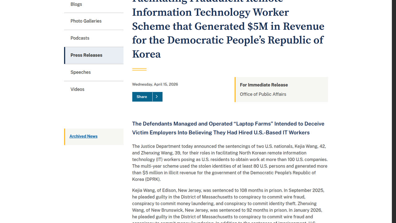 Thumbnail for Two U.S. Nationals Sentenced for Facilitating Fraudulent Remote Information Technology Worker Scheme that Generated $5M in Revenue for the Democratic People’s Republic of Korea