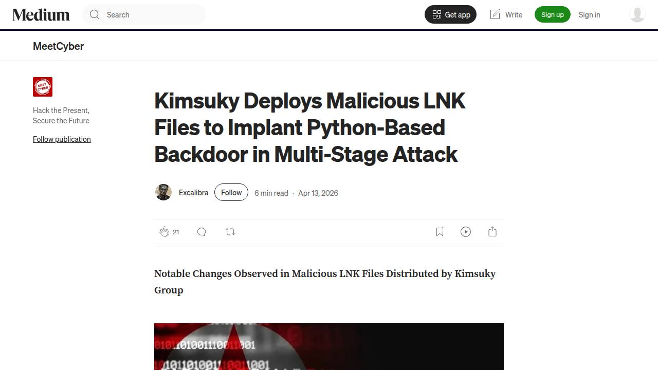 Thumbnail for Kimsuky Deploys Malicious LNK Files to Implant Python-Based Backdoor in Multi-Stage Attack