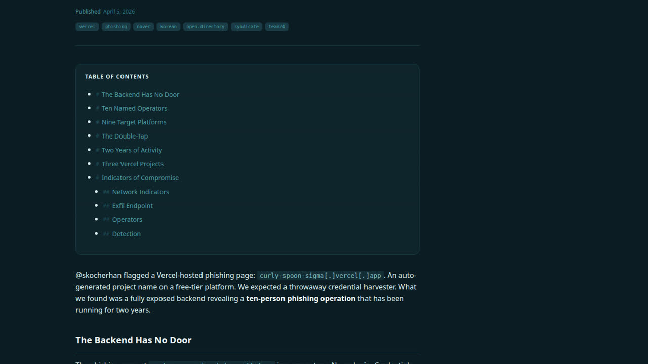 Thumbnail for Ten Operators, Nine Campaigns, and a Backend With No Password: How a Single Vercel URL Exposed a Two-Year Korean Phishing Syndicate