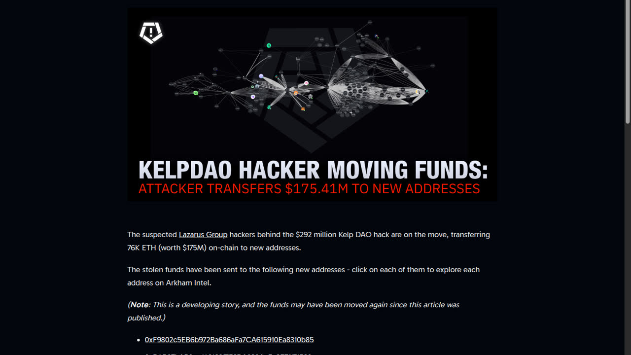 Thumbnail for KelpDAO Hacker Moving Funds: Attacker Transfers $175M to New Addresses