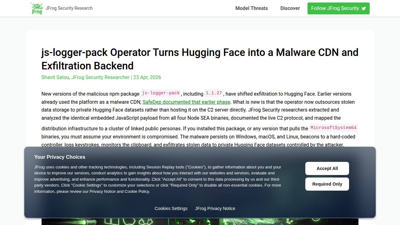Thumbnail for js-logger-pack Operator Turns Hugging Face into a Malware CDN and Exfiltration Backend