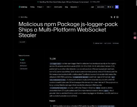 Thumbnail for Malicious npm Package js-logger-pack Ships a Multi-Platform WebSocket Stealer