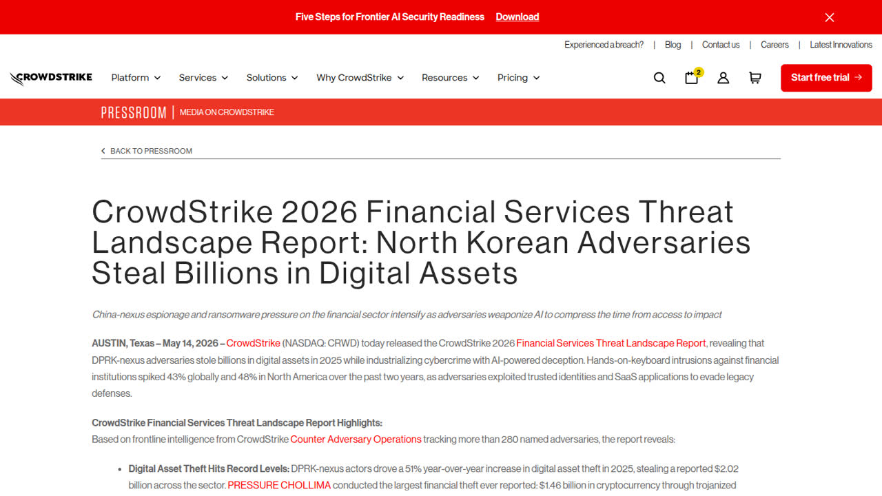Thumbnail for CrowdStrike 2026 Financial Services Threat Landscape Report: North Korean Adversaries Steal Billions in Digital Assets