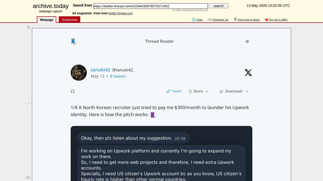 Thumbnail for A North Korean recruiter just tried to pay me $300/month to launder his Upwork identity