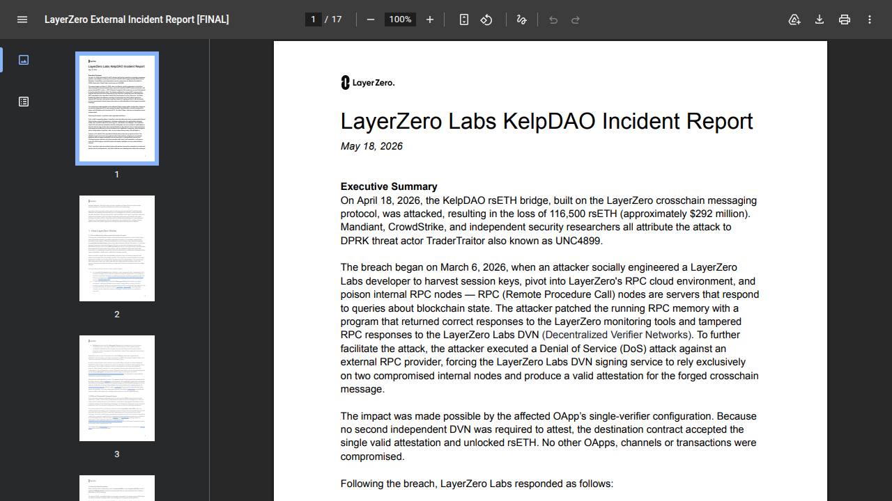 Thumbnail for LayerZero Labs KelpDAO Incident Report