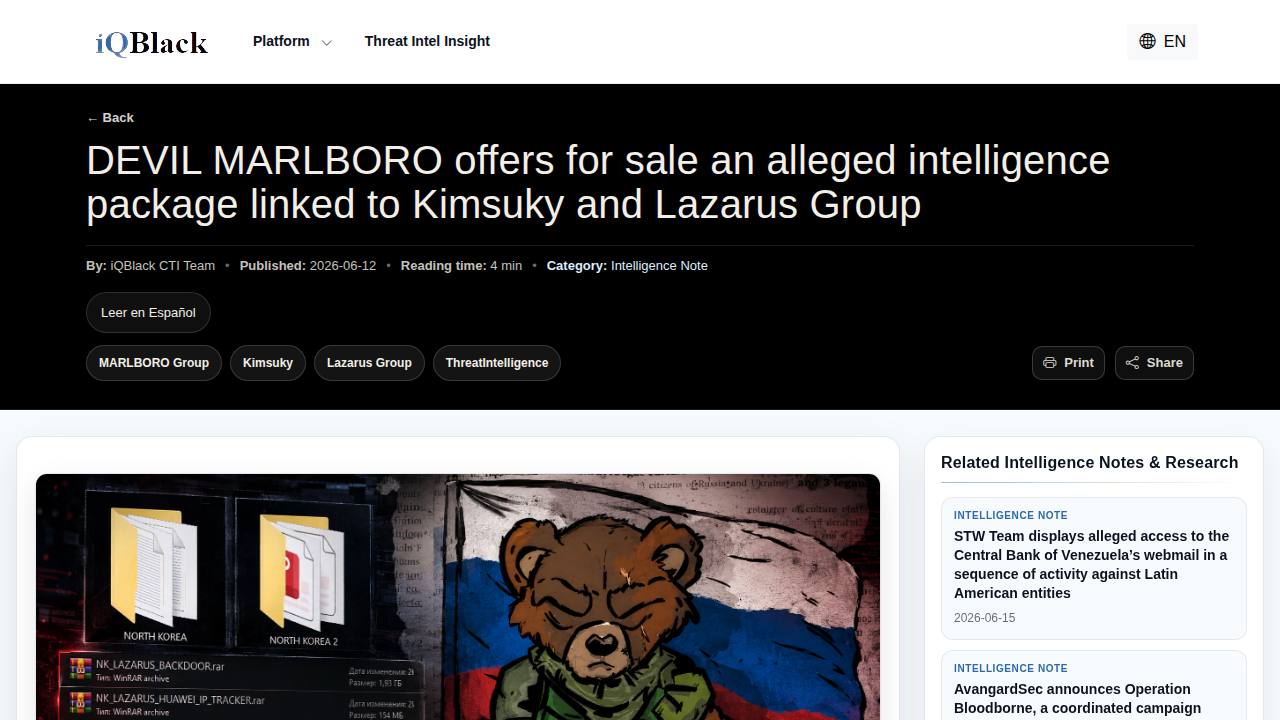 Thumbnail for DEVIL MARLBORO offers for sale an alleged intelligence package linked to Kimsuky and Lazarus Group